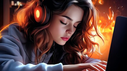 Naklejka premium A young woman, deeply focused, wears headphones while using a computer, surrounded by a vibrant, fiery background, showcasing a blend of determination and creativity.