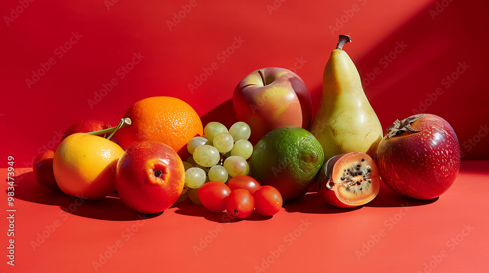 Wall mural Fresh fruit display on a red background.