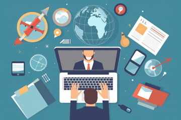 A person engages with a laptop, exploring global data and charts while surrounded by various analytical tools and digital elements