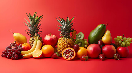 A variety of fresh fruits on a red background.