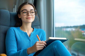 Author sitting in front of a window, gazing out for inspiration, with a notebook and pen on their lap