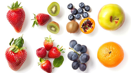 A variety of fresh fruit on a white background.