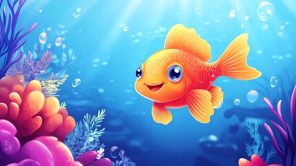 Fototapeta premium A cute, cartoon goldfish swimming happily in a colorful coral reef.