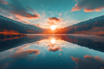 Obraz premium Golden Hour Sunset Reflected in Calm Lake Water with Mountain Silhouette