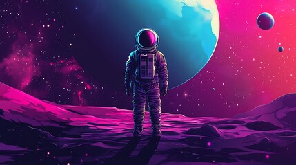 Naklejka premium An astronaut stands on a colorful alien landscape, gazing at distant planets and stars.