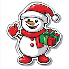 Smiling Snowman with Gift and Santa Hat Cartoon Sticker