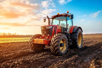 Red tractor in a field at sunset. Agriculture, farming, machinery, landscape, rural, sunset, golden hour