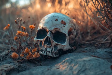 Human skull with flowers in a surreal and eerie setting,  symbolizing life and death