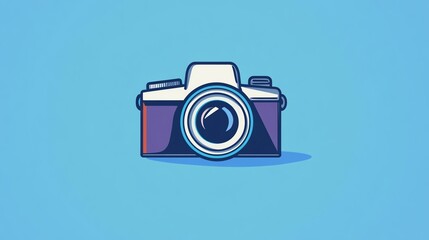 A simple cartoon-style illustration of a camera on a blue background.