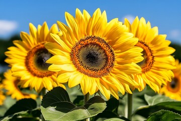 Bright yellow sunflowers in full bloom, basking in the sunlight, symbolizing the warmth and beauty of summer
