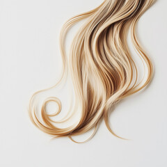 A strand of blonde wavy hair on a white background
