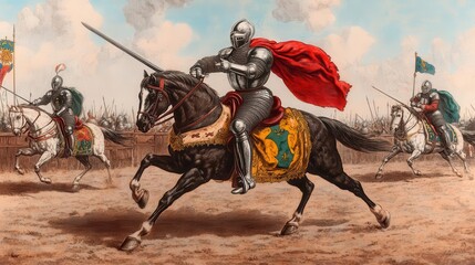 A detailed engraving of a medieval jousting tournament with knights on horseback, old engraving, jousting, medieval