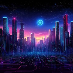 Futuristic Neon City Landscape at Dusk