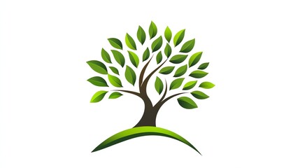 A stylized green tree with lush foliage and a brown trunk stands on a green hill.