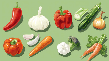 A variety of fresh vegetables, including peppers, garlic, carrots, broccoli, zucchini, celery and onions.
