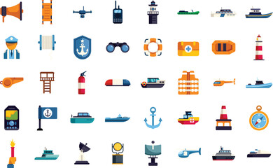Coast guard is providing maritime safety and security services icon set with flat design style