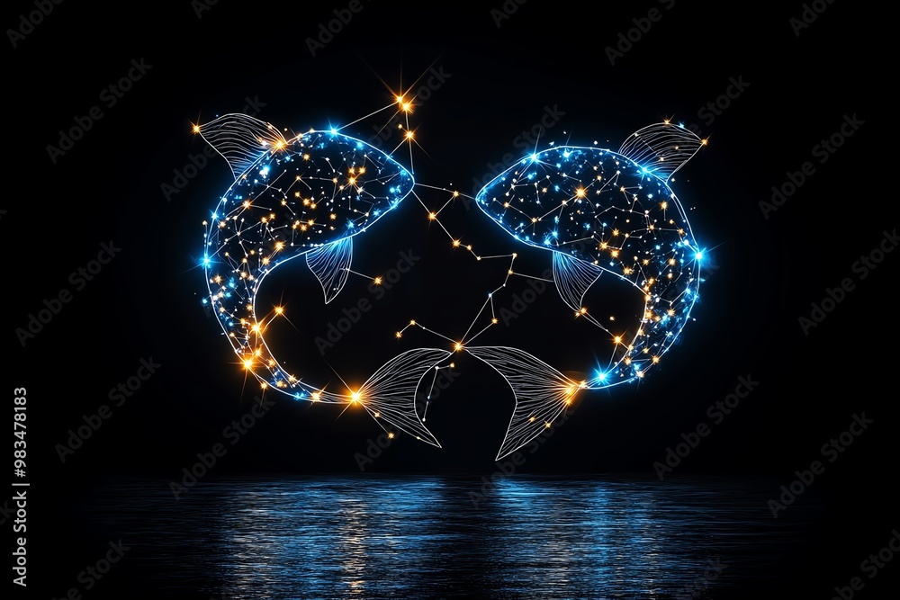 Poster Minimal Pisces constellation, showing two curved lines connecting stars in a clean, abstract shape