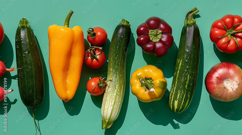 Wall mural assortment of fresh vegetables on a teal background.