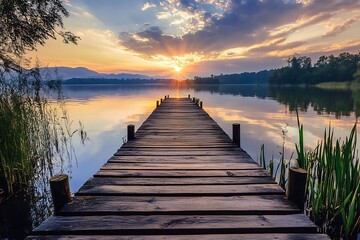 Fototapeta premium Sunset over calm lake with wooden pier, serene and peaceful landscape