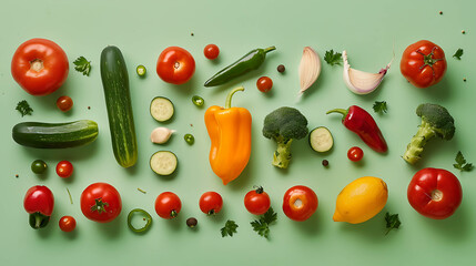 Fresh vegetables are spread out on a light green background.