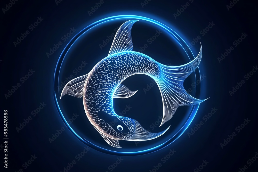 Poster Minimal Pisces fish, using two abstract curved lines in a simple, elegant circle