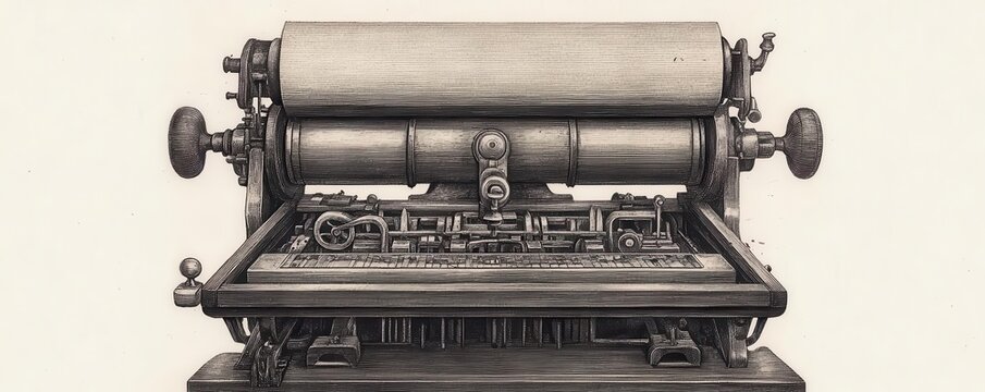 An antique engraving of an early printing press with detailed machinery, old engraving, printing press, vintage