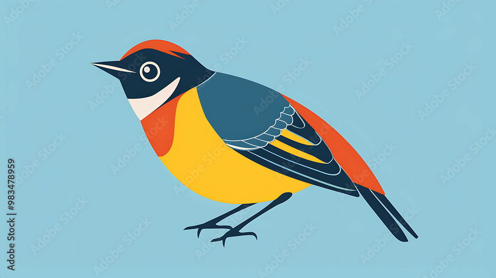 Sticker A colorful illustration of a small bird with red, blue, black, and yellow plumage.