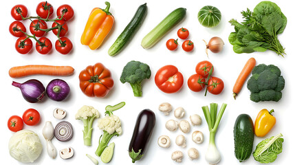 A variety of fresh vegetables and mushrooms displayed against a white background.