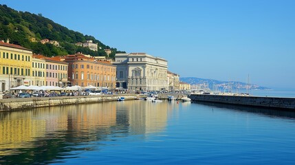Fototapeta premium Tranquil waterfront view of historic buildings and boats along the coast of Trieste, Italy, on a sunny day in early summer