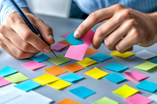 Close-up of hands rearranging sticky notes on a board, symbolizing the redesign of business processes