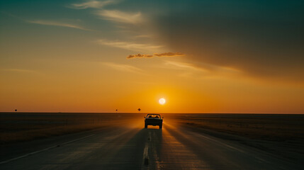 A solitary car travels an empty highway at sunset, golden light reflecting off its hood. The road stretches into the horizon, highlighting freedom and solitude.