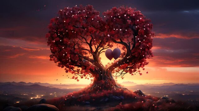 Red heart-shaped tree and pink heart leaves at a romantic sunset for Valentine's Day