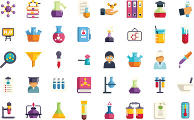 This set of icons depicts chemistry laboratory equipment, researchers working with chemical substances and other related imagery