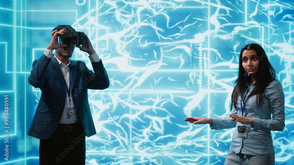 Poster tech experts presenting vr headset and ai tech during summit presentation, exploring successful impl