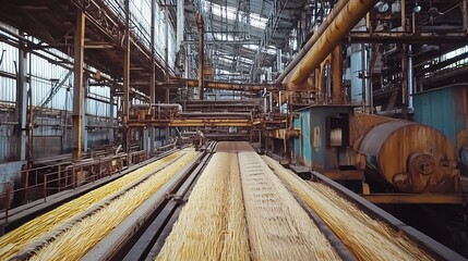 An industrial facility with machinery processing long strands of material.