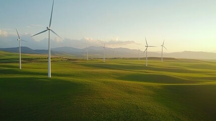 Wind turbines stand tall in a grassy field against a backdrop of mountains and a clear sky.