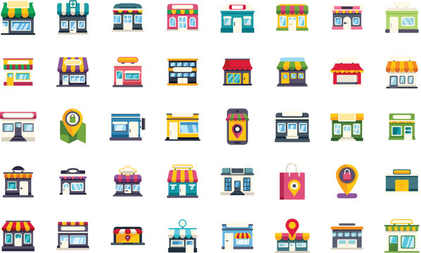 Diverse collection of colorful store front icons is representing various local businesses and services