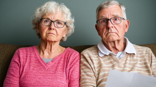 An elderly man and woman sitting side by side, looking serious while holding and reviewing documents in their home - Powered by Adobe
