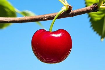Ripe red cherry, resting on a delicate branch, with shadows playing across the vibrant surface of the fruit