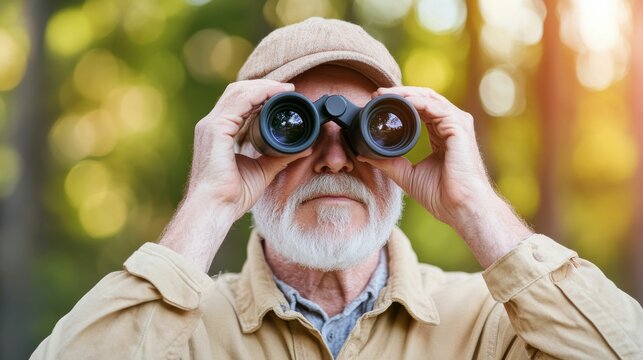 Elderly man wearing a beige jacket and cap, using binoculars to observe wildlife while hiking in a forested area on a sunny day.. - Powered by Adobe