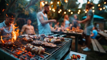 Vibrant gathering of friends enjoying a fun outdoor barbecue with laughter and good food