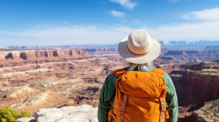 Senior woman with white hair and an orange backpack standing on a cliff, enjoying a scenic view of a vast desert canyon under a clear blue sky..