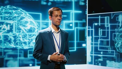 Smiling public speaker hosting AI convention gathering tech startups managers and academics. IT expert moderating symposium, teaching industry workers how to tap into artificial intelligence, camera A