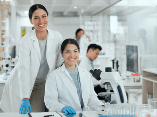 Portrait, happy people or women in laboratory for science breakthrough, clinical trial or...