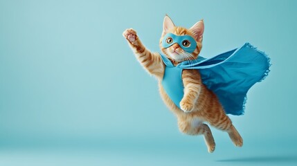 A playful orange cat dressed as a superhero, flying with a blue cape against a light background.