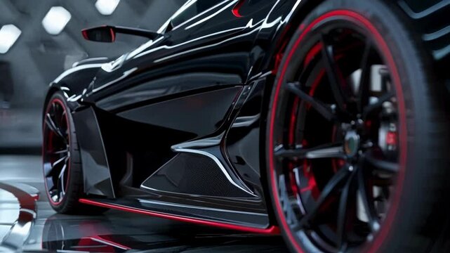 Close up of the rear tire of a black sports car with red trim parked inside a building with the light reflecting off the floor