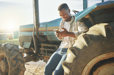 Farm, tractor and phone with black man for quality inspection, sustainability and online. News,...