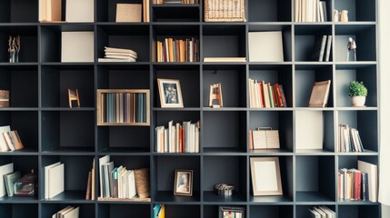 very high and long storage dark bookshelf with the book, picture frame and others decorations on every floors with minimal style, white background