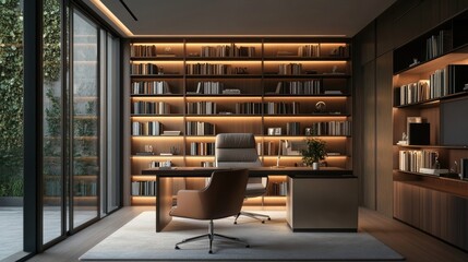 A minimalist home office with a sleek desk and a comfortable chair, surrounded by bookshelves