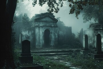 A Stone Mausoleum in a Foggy Cemetery